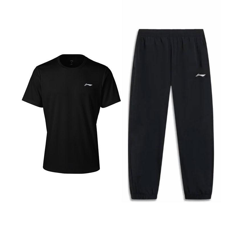 Li-Ning Summer Breathable Short Sleeve Cultural Shirt Comfortable Long Pants Sports Suit Men Suit Black W833-1+T415-1