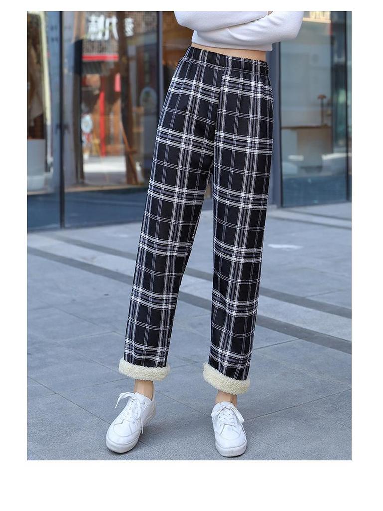 Plaid High-Waisted Women's Wide-Leg Pants - 2025 Autumn/Winter, Korean Style, Fleece-Lined, Loose Fit, Floor-Length.