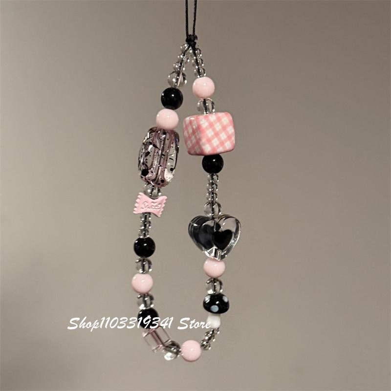 

Korea Cute Y2K Love Heart Candy Beaded Phone Charm Chain For Phone Case Phone Straps Accessories Anti-Lost Keychain Lanyard Gift