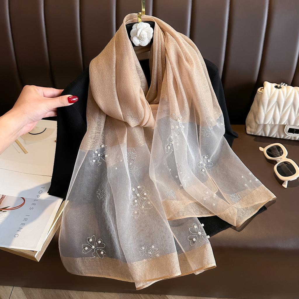 Eleganter Strass Luxus Seidenschal Perle Weich Schmetterling Hijab Schals Foulard Groß Glänzend Spitzenschal Weiblich