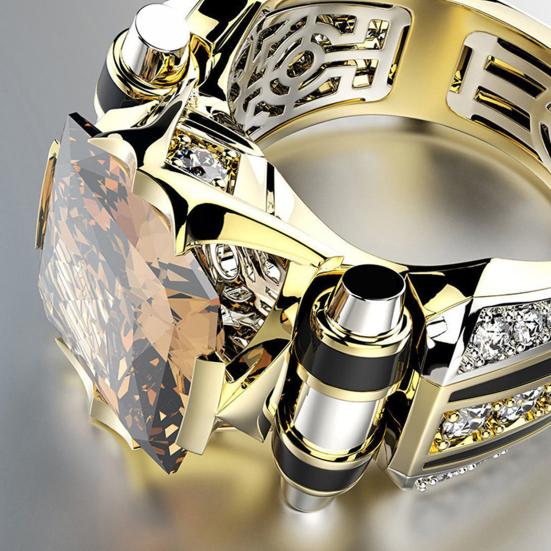 Women Ring Faux Square Crystal Two-tone Vintage Cool Punk Gift Hollow Bling Cubic Zirconia