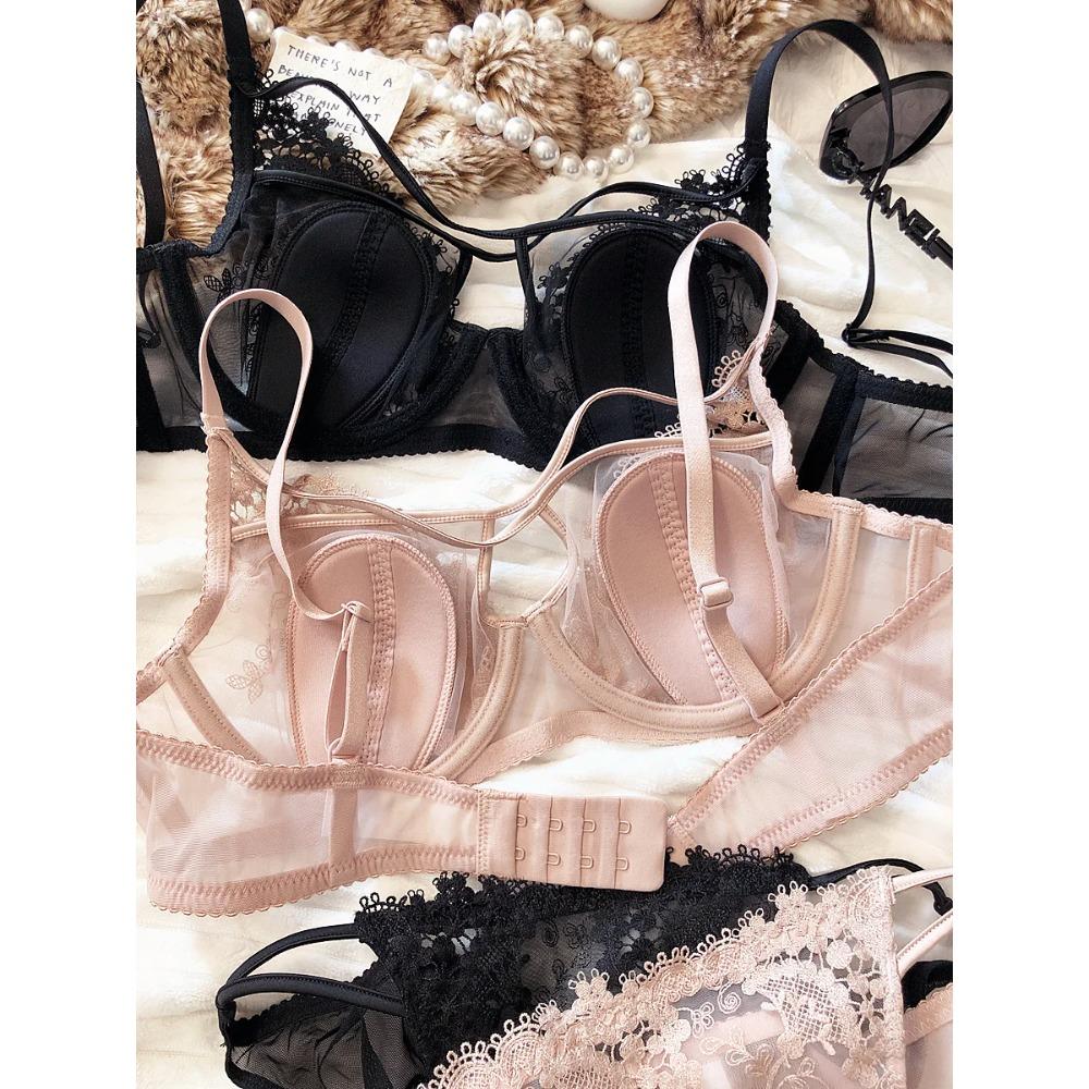 Sexy Duté Dámske Spodné Prádlo Čipkovaná Kvetinová Výšivka Francúzsky Ultra Tenký Košíček Push Up Podprsenka Set Nastaviteľné Ramienka Podprsenka Nohavičky Sety