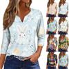 Women's Fashion Casual Easter Printed V-neck Short Sleeve Decorative Button Seven Sleeve T-shirt Top