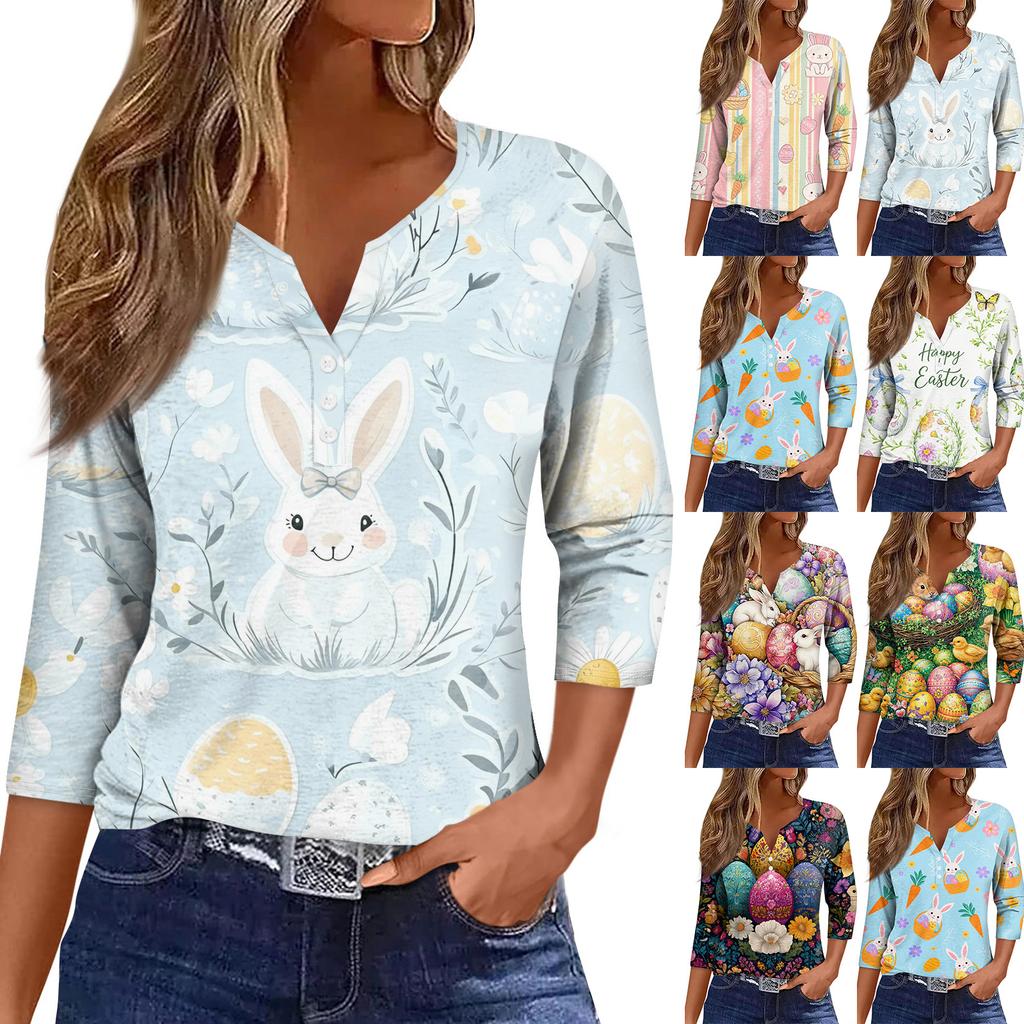 Women's Fashion Casual Easter Printed V-neck Short Sleeve Decorative Button Seven Sleeve T-shirt Top