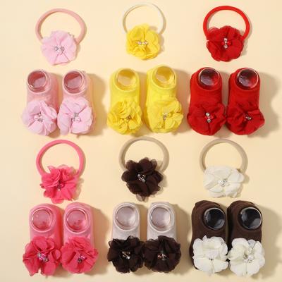 3 Stuks/Set Pure Katoen Baby Hoofdband Anti-slip Sokken Set Honderd Dagen Pasgeboren Bloemen Turban Handgemaakt Kinderen Haar Foto Props