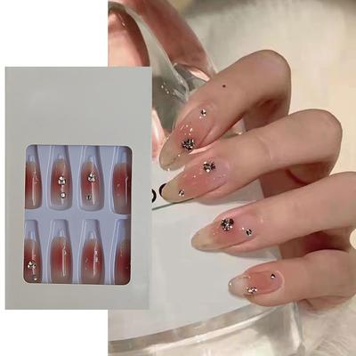 S.A.V.I 24 PCs Long Nude Press-On Nails with Rhinestones | Reusable Round Shape Fake Nails for Women | Easy 1-Minute Application | Stylish Manicure