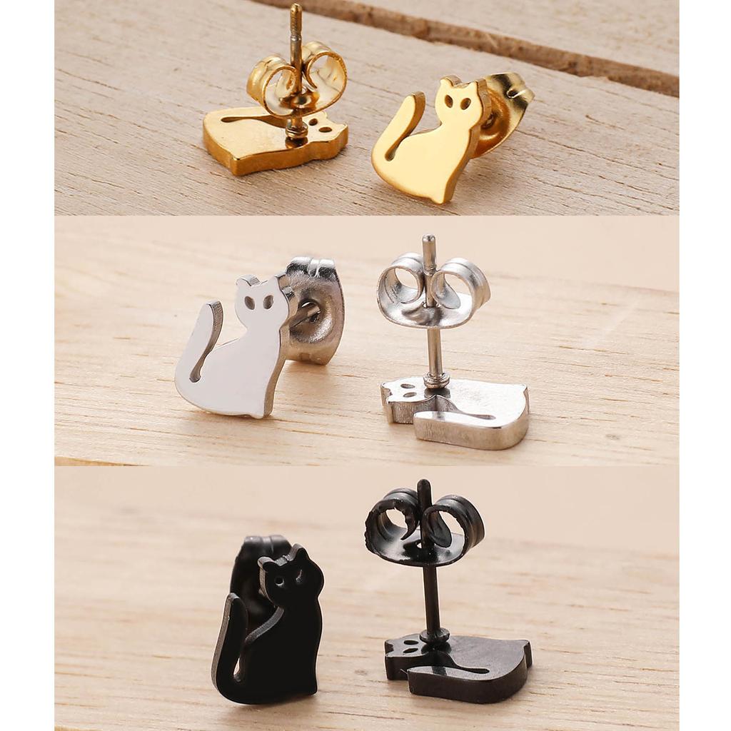3 Paires Boucles d'Oreilles Animaux Dessin Animé Acier Inoxydable Boucles d'Oreilles Chat pour Femmes Petites Puces d'Oreilles Bijoux Piercing Oreille Drôle