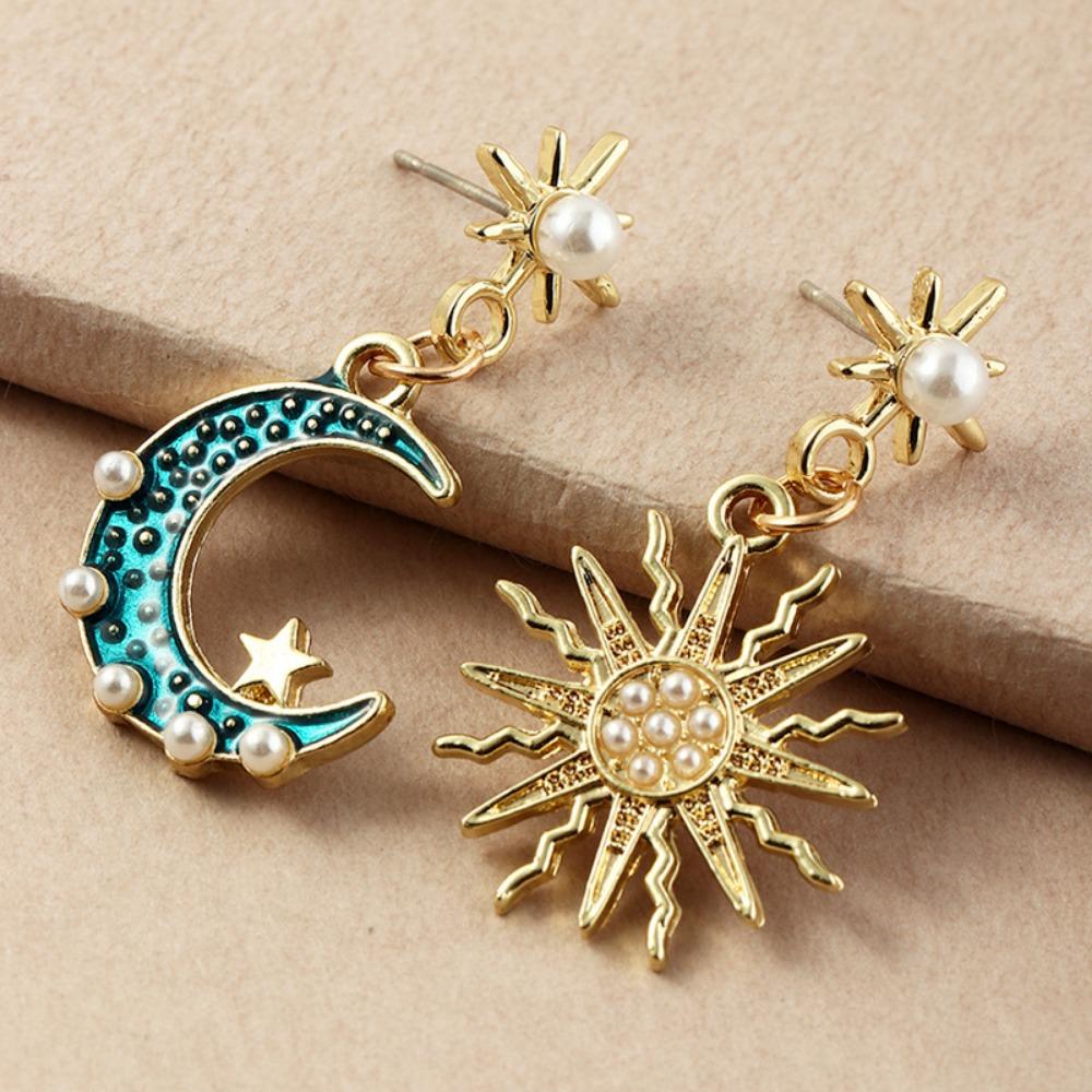 New  Inlaid Zircon Enamel  Moon Sun Asymmetrical Earrings Women Personalized Zircon Beach Holiday