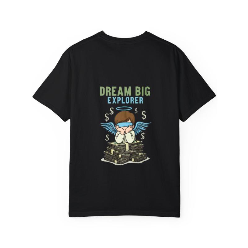 Crewneck T Shirt White Dream Big Explorer Angel with Money Stack Graphic for Casual Wear and Street Style