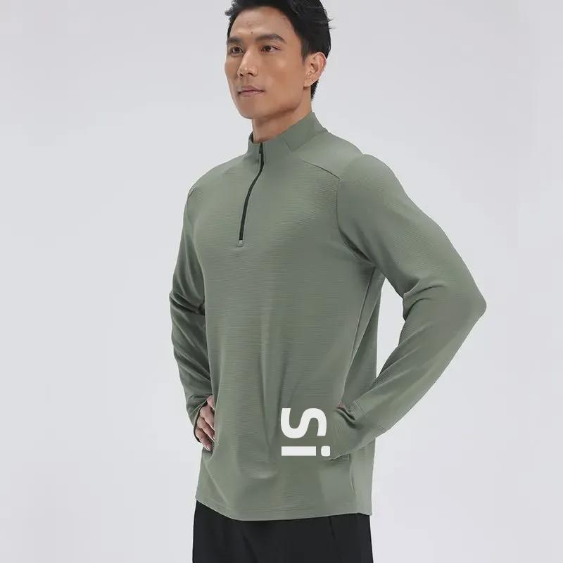 Dijia Men's Quick-Dry Running Pullover: Long-Sleeve, Stand-Up Collar, Half-Zip, Finger Protection for Fitness Training.