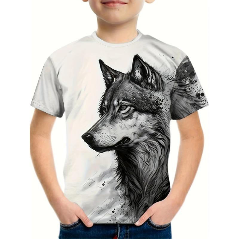 Summer Round Neck 3D Printed Wolf Pattern Top Fashionable Casual Cool Short Sleeved Children's Boy T-shirts