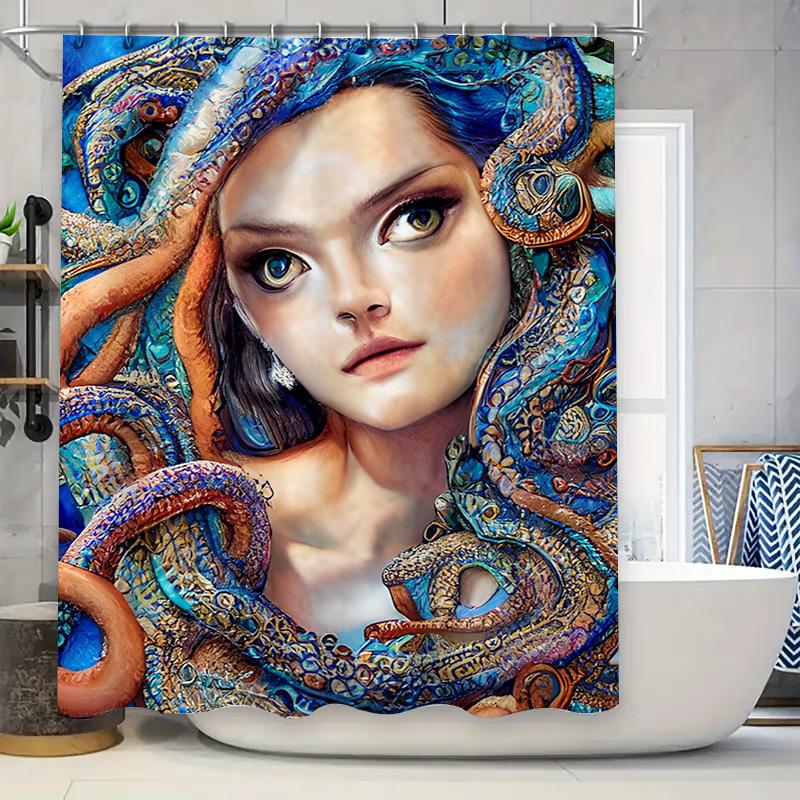 

Modern Art Octopus Shower Curtain Vivid Blue Orange Brown Print Decorative Bath Mat Waterproof Fabric Home Decor Bathroom Access 90x180cm