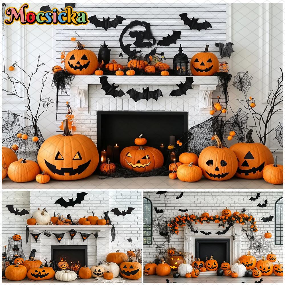 Mocsicka Halloween Photography Background White Fireplace Wall Bat Spider Web Pumpkin Party Decorations Photo Backdrop Wallpaper