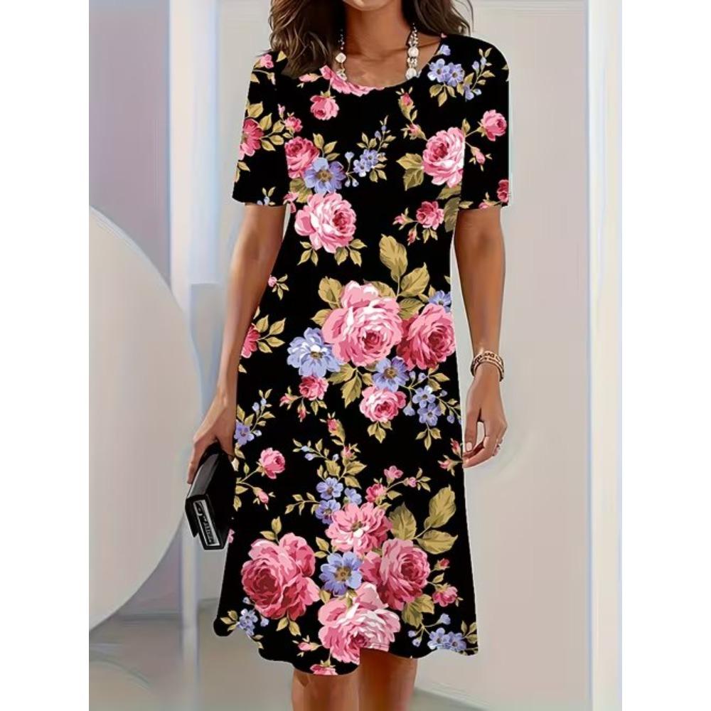 Women's Fashion Vintage Pattern Print Summer Spring Short Sleeve O-Neck Casual Dresses