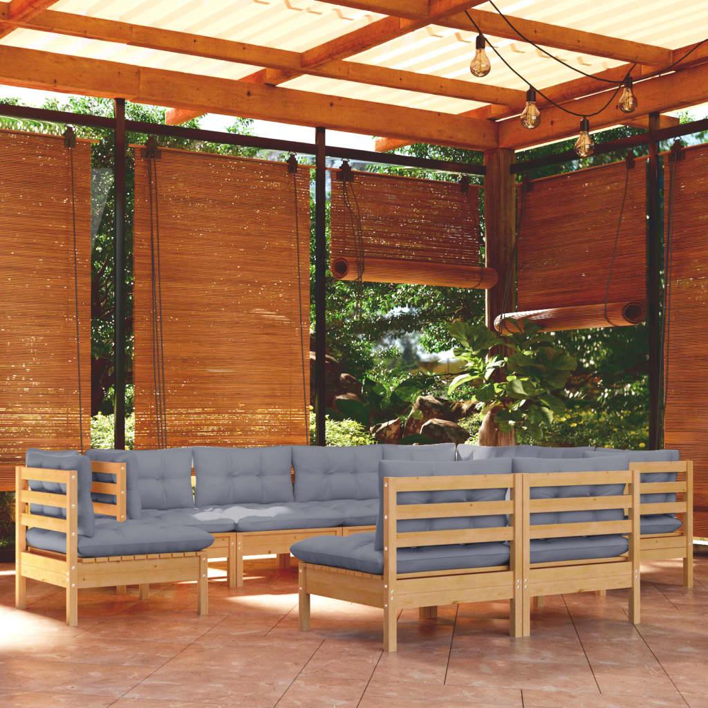 9 piece Garden Lounge Set with Grey Cushions Solid Pine Wood