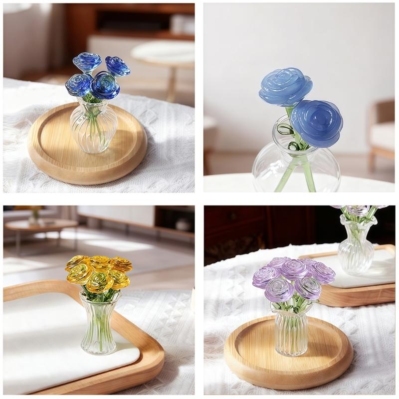 Miniature Crystal Rose Flower Figurine with Crystal Vase Handmade Rose Bouquet Gift for Mom Women Collectible Ornaments