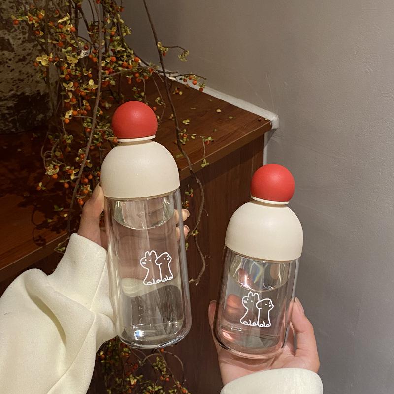 Niche New Year'S Christmas Puppy Red Nose Double-Layer Glass High Temperature Resistant Sealed Water Cup Car Carry-On Cup Gift