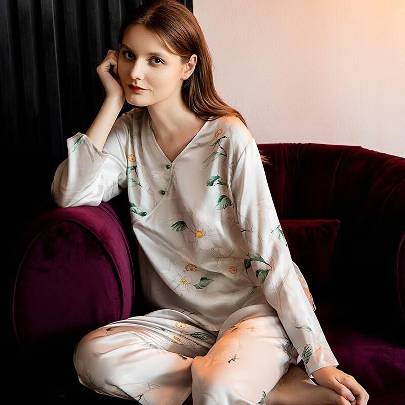 American Standard 19mm Silk 6A Grade Autumn Long Sleeve Women's Pajamas Mulberry Silk New Chinese Style Homewear White XL