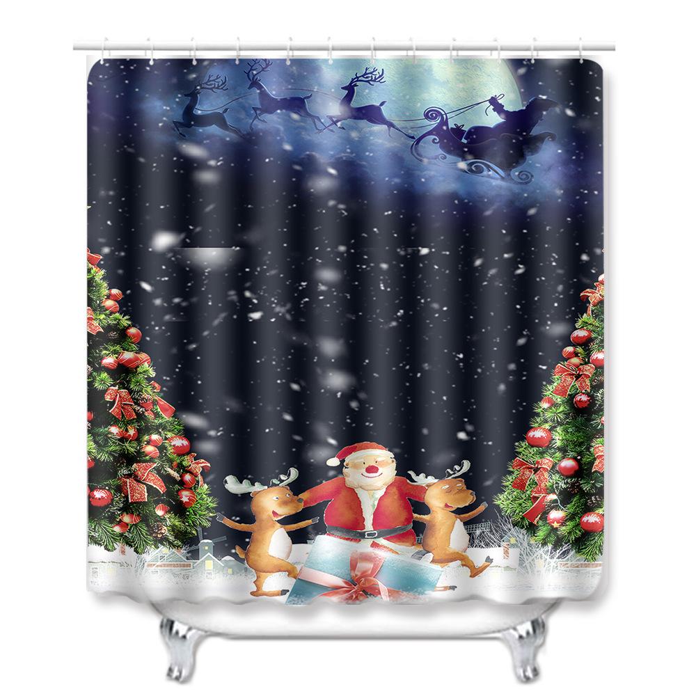Christmas Shower Curtain Floor Mat Combination Four-Piece Set Bathroom Toilet Carpet Shower Room Mat Foot Mat