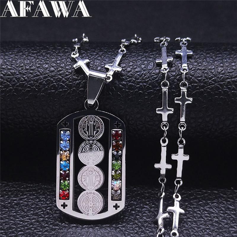 Stainless Steel Crystal Catholicism Saint Benedict Jesus Necklaces Women/Men Cross Chain Necklace Jewelry cruz colgante N4909S02