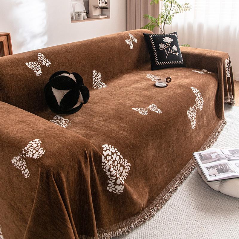 Luxury Butterfly Printed Solid Sofa Towel High-End Chenille Sofa Cover for All Seasons Anti-Scratch Home Textiles with Tassels