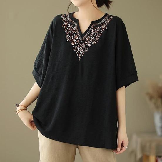 Women T-shirt Deep V Neckline Embroidery Floral Pattern Pullover Tops Pure Color Loose Fit