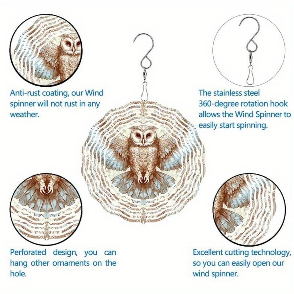 Eule Metall Windspiel Doppelt Richtungsdrehendes Spiraldesign Outdoor Gartendekor Einfache Installation Kein Strom Benötigt Hängende Dekoration