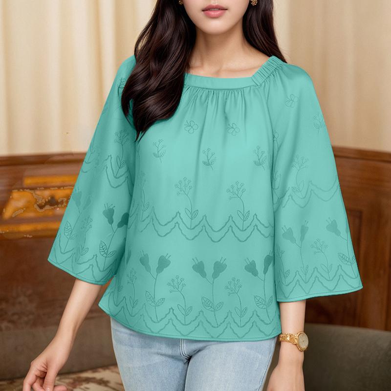 

ZANZEA Женская летняя блузка с круглым вырезом, свободным рукавом 3/4 и принтом 4XL зелёный