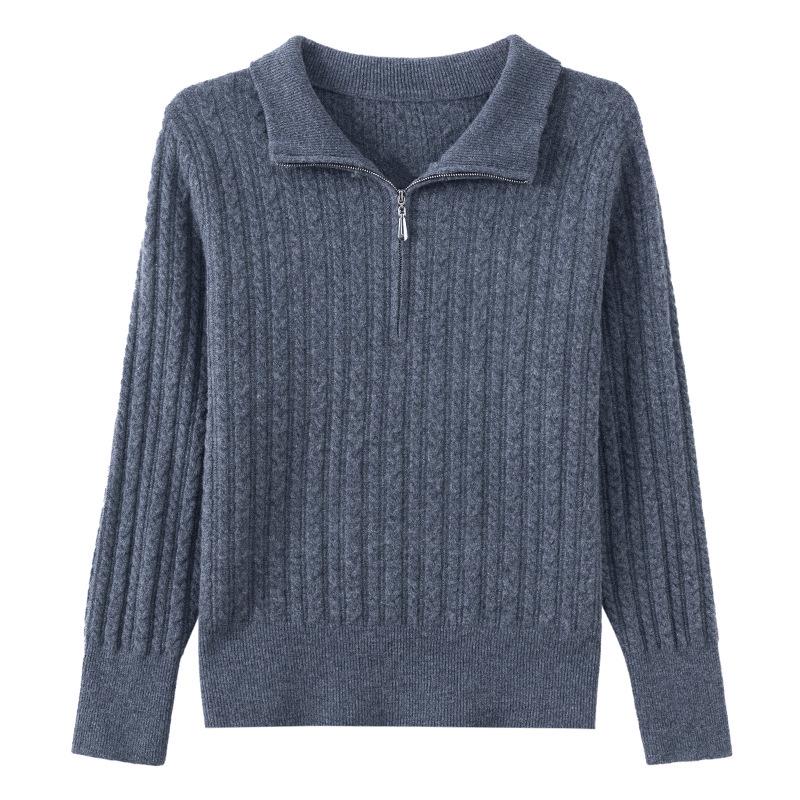 Women's Pure Wool Half-Zip Sweater - Stand Collar, Autumn/Winter Thick Knit for Middle-Aged Women, Petite Base Layer