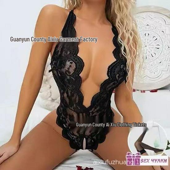 European & American Plus Size Open Crotch Lace Bodysuit - Sexy Backless Lingerie Pajamas
