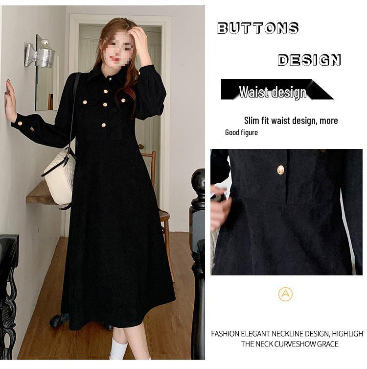 Thickened 300g Corduroy Hepburn-Style Long-Sleeve Dress | Large Autumn/Winter Coffee Break