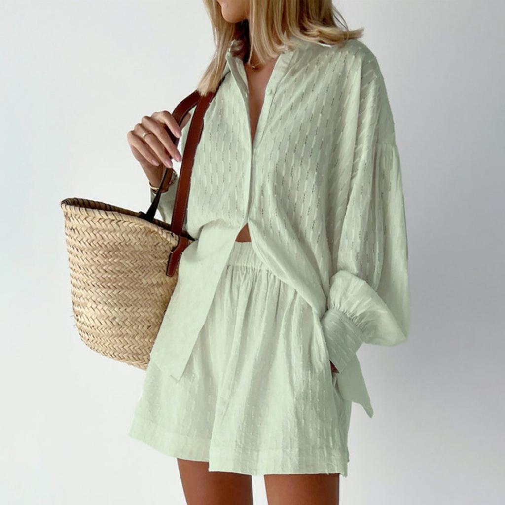 Women's Long Sleeve Loose Fit Jacquard Top Short Pants 2-Piece Set Casual Outfit