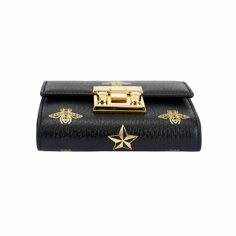 Gucci Padlock Metal Lock Bee Print Short Folding Leather Wallet Wallet Women's Black