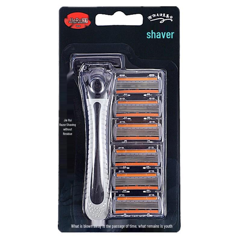 6-Layer Stainless Steel Men's Manual Shaving Razor Set with Handle and 6 Blades.