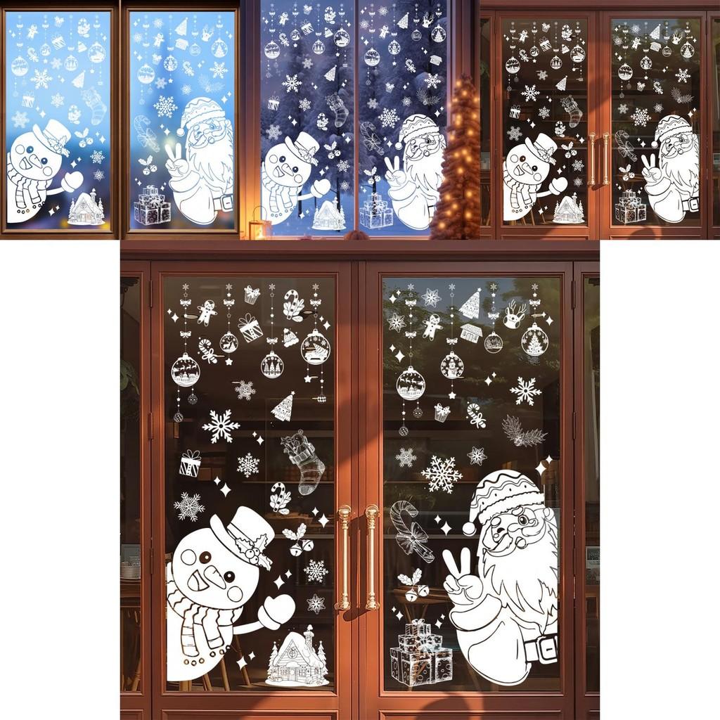 Christmas Snowflake Static Cling Glass Sticker With Santa And Snowman For Window Decor