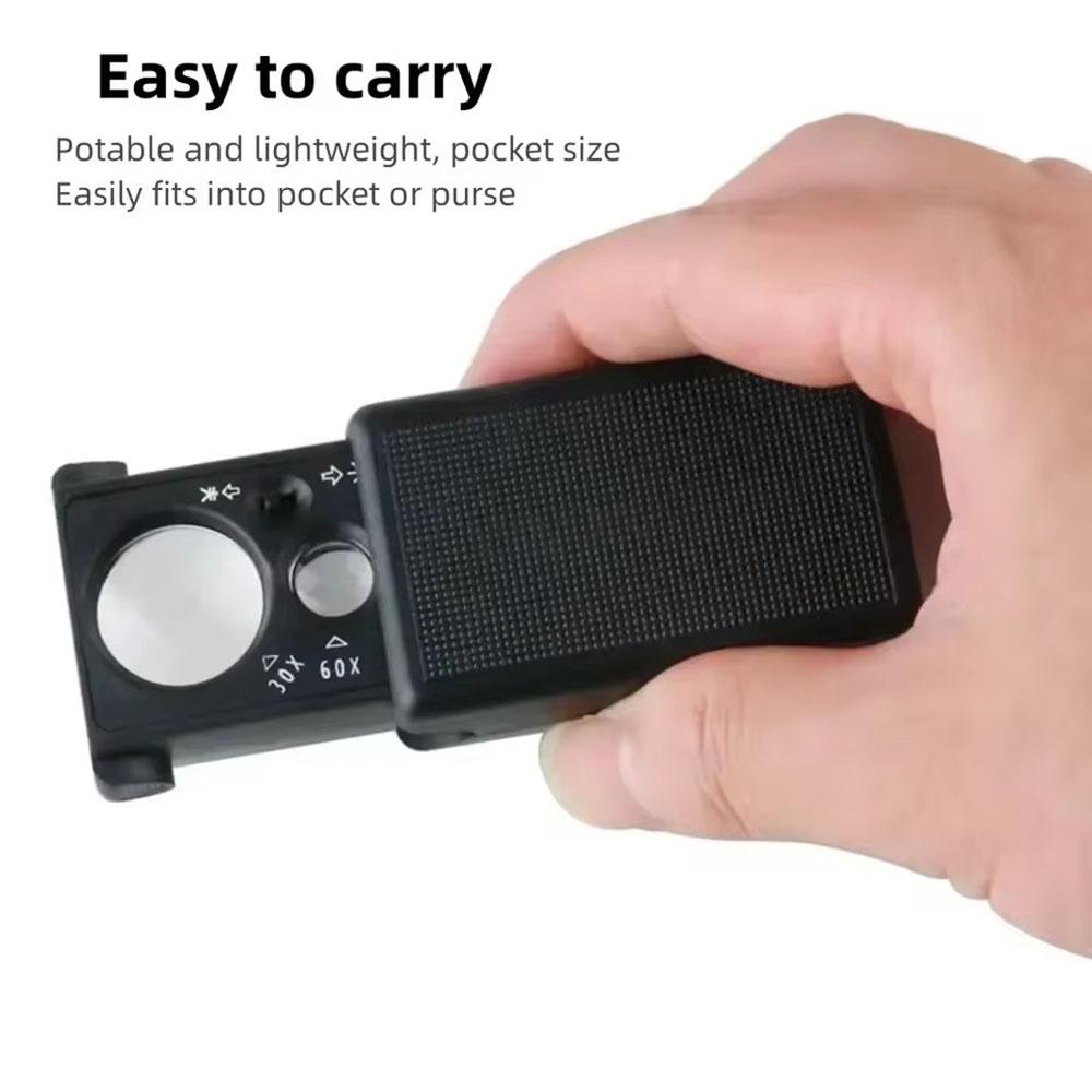 30X 60X Pocket Jewelry Magnifier Sliding Illuminated Magnifier with UV LED Light Hand Magnifier Lens for Diamond Coins