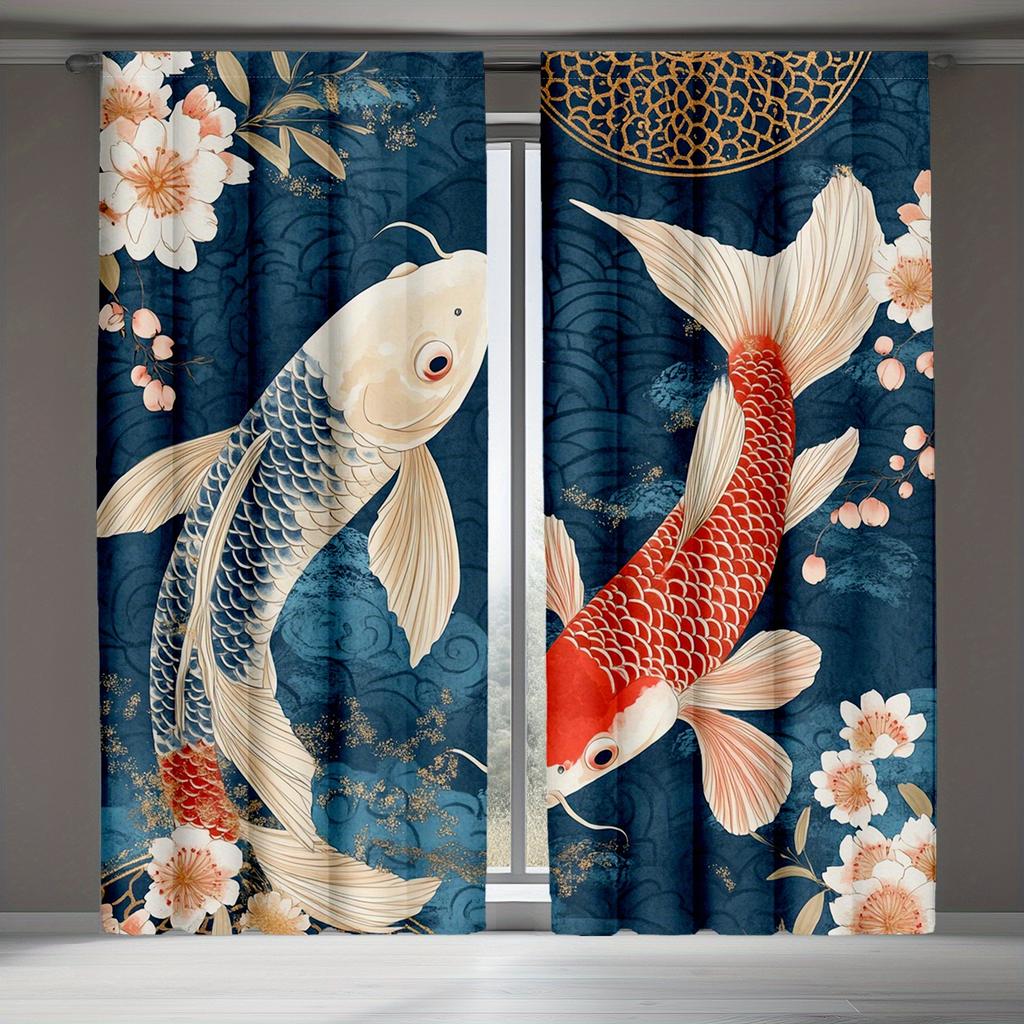 Set of 2 Japanese Koi Fish Curtains   Anime-Inspired Room Darkening Drapes for Bedroom Decoration