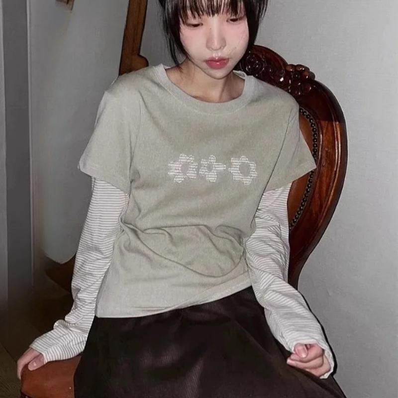 Dam Y2K Topp O-hals Falsk Dubbel Kontrastrandig Långärmad Blomma Casual T-shirt