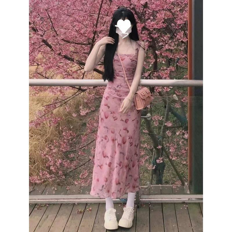 Pink suspender floral dress female summer new fairy temperament slim and thin waist long skirt