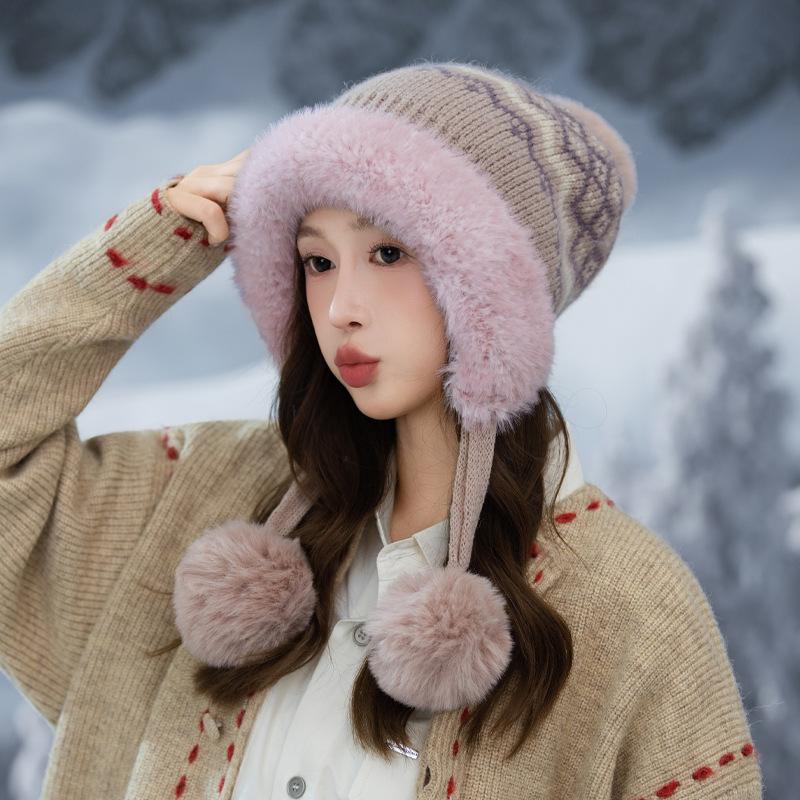 Fair Island Style Winter Plaid Bright Silk Plus Velvet Hat Versatile Sweet Ball Hat Outdoor Travel Cold Warm Hat Korean