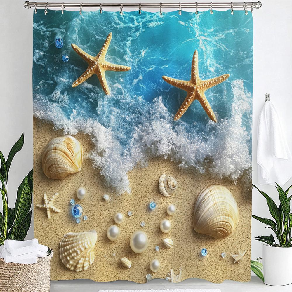 1Pc Beach Shower Curtain Shell Starfish Ocean Scenery Bathroom Decoration Printing Polyester Fabric Contains 12 Hooks