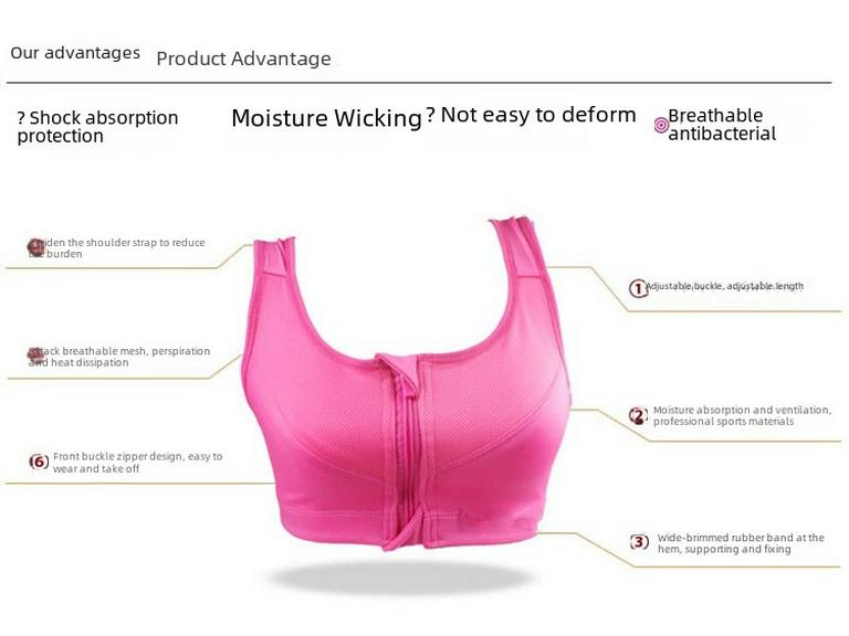 Profesionální sportovní podprsenka s vysokou pevností, odolná proti nárazům, se zapínáním na zip vpředu, bez kostic