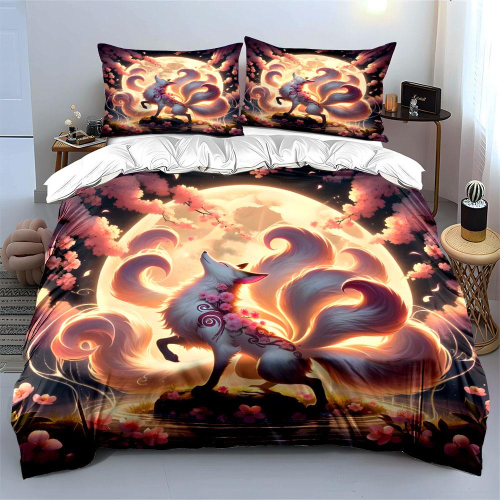 Elegant Fox Under Moonlight Scene  Kid'S And Adults' Bedroom Decor, Exquisite Three-Piece Bedding Set Gift