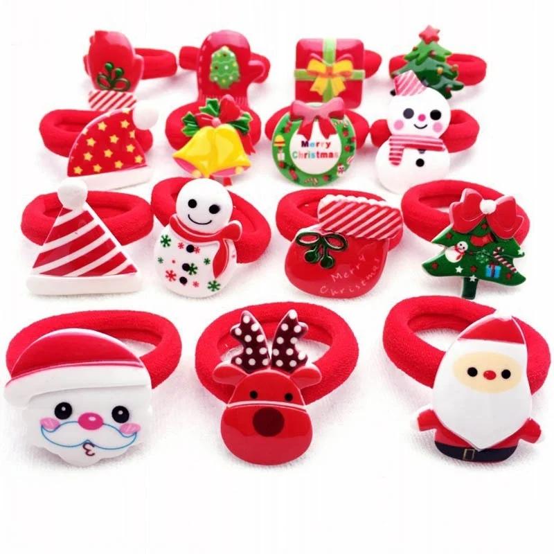 10pcs Fashion Girls Popular Christmas Hair Rope Tree Santa Bell Snowman Elastic Hair Band ( Style Random)