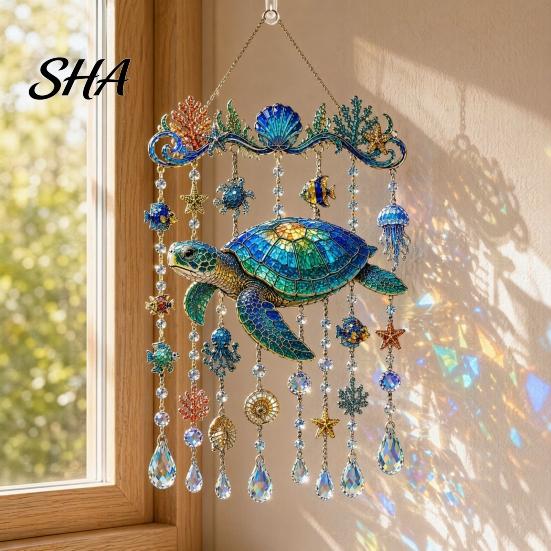 Ocean Window Decoration Animal Acrylic Hanging, Stained Glass Style Sea Turtle Whale Dolphin Suncatcher Outdoor Balcony with Crystal Beads &