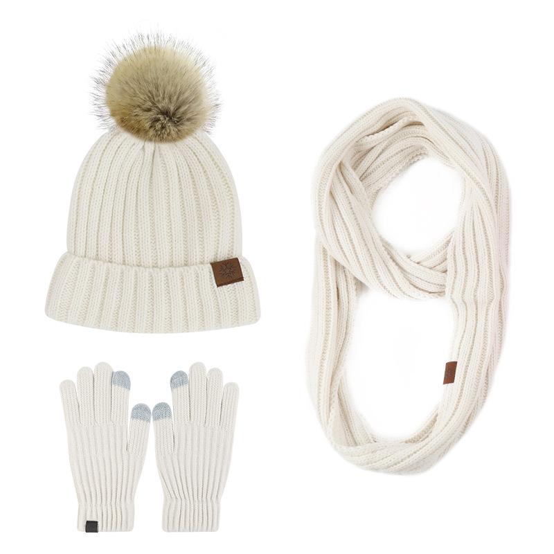 New product winter adult women's hairball knitted hat scarf gloves three-piece outdoor warm scarf set