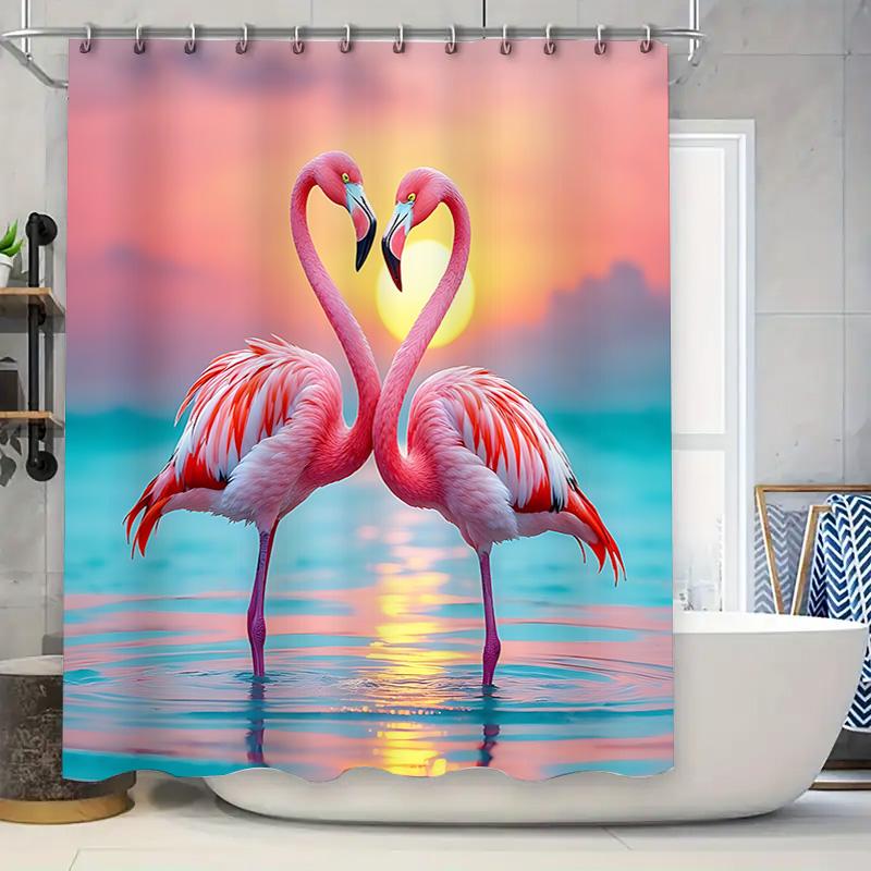Graceful Pink Flamingos Shower Curtain for Bathroom - Tropical Water Scene with Sunset and Moonlight Waterproof Polyester 90X180cm(35x70in)