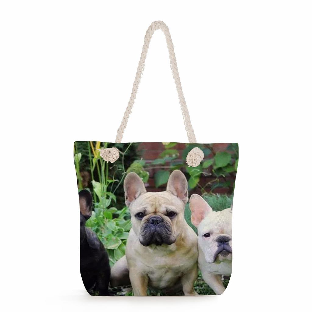 Multifunctional Dog Printed Thick Rope Shoulder Beach Bag Casual Large Capacity Handbag 7620