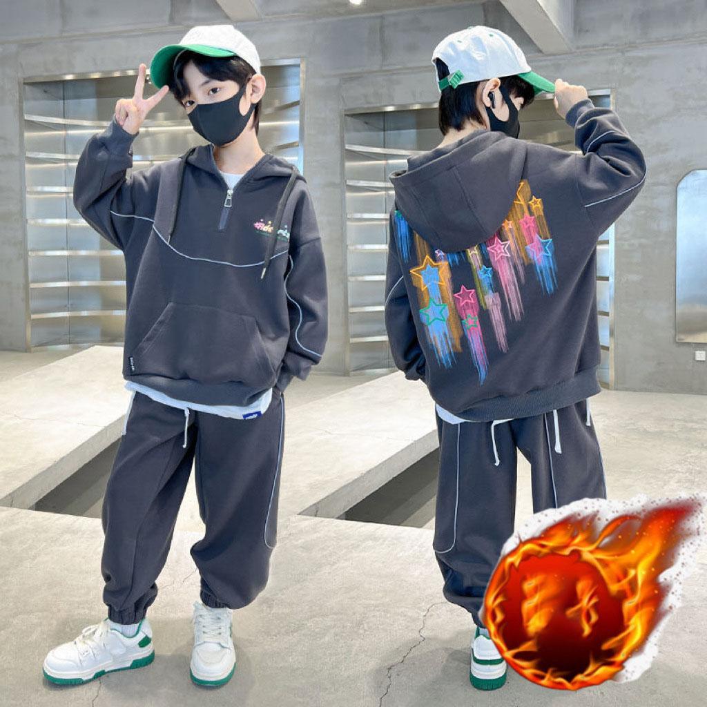 

Весенне-осенняя мода для мальчиков, утолщенный бархатный костюм-толстовка с принтом 150 серый