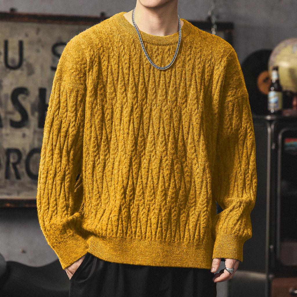 Men's Heavyweight Cable Knit Sweater - Warm, Trendy, Casual, and Versatile Round Neck Knitwear